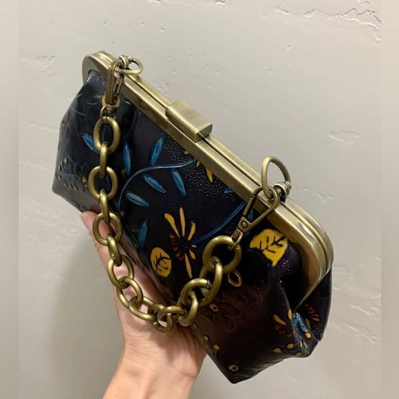 Handmade Genuine Leather Floral Embossed Push-lock Clutch/Shoulder Bag/Crossbody - Picture 12 of 16